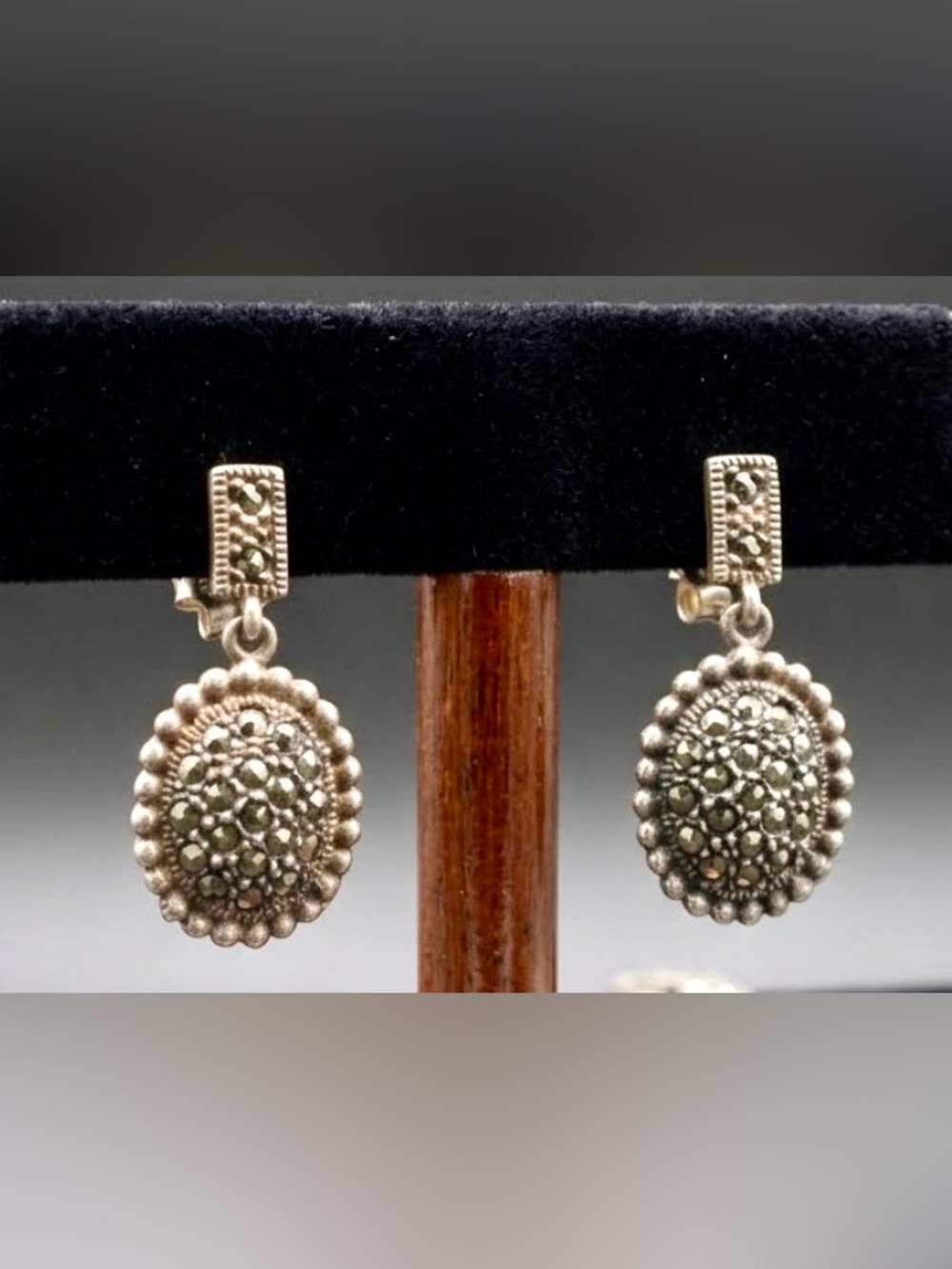 Vintage 925 Sterling Silver Marcasite Oval Drop Earrings Art Deco Dangles #79